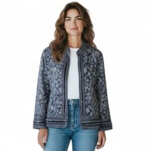 Blue cotton floral embroidered jacket sizeM quirky fun kitch elevated unique Y2K